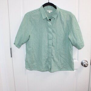 COS Crop Button Down Short Sleeve Shirt Size Small White/Green Cross Stitch